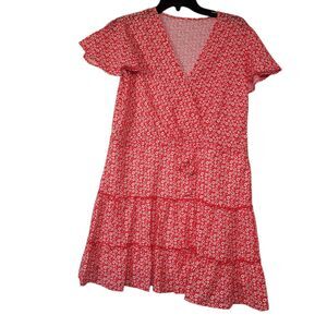 Women's Short Sleeve Layered Ruffle mini Red Floral Dress Size Medium